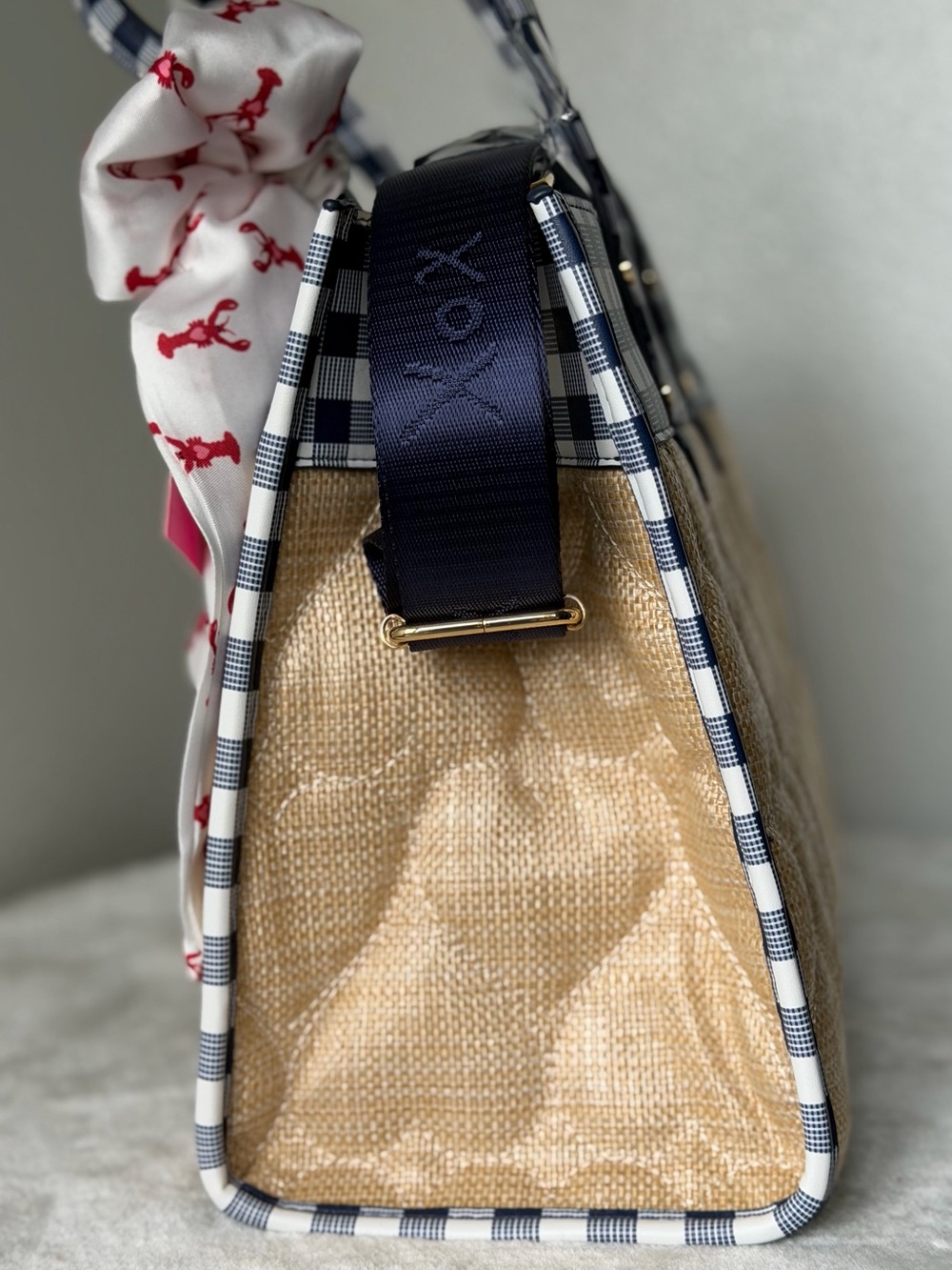 Betsey Johnson Navy blue Gingham quilted heart Straw Tote lobster scarf - Picture 9 of 11